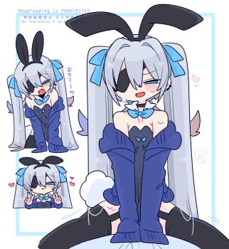 1boy :3 animal_ear_hairband animal_ears armpit_crease arms_between_legs bare_shoulders black_choker black_hairband black_leotard black_thighhighs blue_bow blue_bowtie blue_cardigan blue_eyes blue_hair blush bow bowtie cardigan choker closed_mouth collarbone colored_tips commentary cowboy_shot crossdressing crossdressing_(mtf) detached_collar double-parted_bangs double_v earclip eyepatch fake_animal_ears fake_tail fang flipped_hair garter_straps hair_between_eyes hair_bow hair_intakes hairband hands_up heart highres leaning_forward legs_apart leotard long_hair long_sleeves looking_at_viewer male_focus male_playboy_bunny multicolored_hair multiple_views narrowed_eyes no_nose off_shoulder one_eye_covered op_na_yarou open_cardigan open_clothes open_mouth original playboy_bunny quad_tails rabbit_ear_hairband rabbit_ears rabbit_tail raised_eyebrows raised_inner_eyebrows red_hair rigel_(op_na_yarou) sidelocks simple_background sleeves_past_fingers sleeves_past_wrists standing straddling straight_hair strapless strapless_leotard sweat tail thighhighs thighs trap upper_body v v_arms very_long_hair watermark white_background white_hair