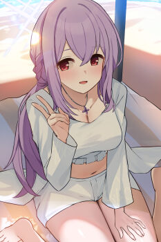 1girl atsuko_(blue_archive) atsuko_(swimsuit)_(blue_archive) beach bikini blue_archive breasts cleavage collarbone commentary_request cross_halo frilled_bikini frills halo hand_on_own_thigh heart heart-shaped_pupils heart_in_eye highres jewelry mi_taro333 navel necklace official_alternate_costume purple_hair red_eyes sand shade sitting swimsuit symbol-shaped_pupils symbol_in_eye thighs towel v water white_bikini white_halo