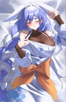 animal_ears apron bed_sheet black_bodysuit blue_hair blush bodysuit bow braid braided_ponytail commentary detached_sleeves extra_ears hair_bow highres hololive long_hair looking_at_viewer low_ponytail lying multicolored_hair on_back one_eye_closed orange_bow pekomama pekomama_(1st_costume) pendora1022 ponytail rabbit-shaped_pupils rabbit_ears rabbit_girl red_eyes sash_bow short_eyebrows streaked_hair symbol-shaped_pupils thick_eyebrows two-tone_hair very_long_hair virtual_youtuber white_apron white_bow white_hair white_sleeves