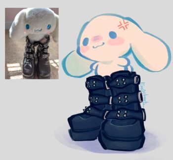 :3 anger_vein animal_focus black_boots blush boots commentary creature creature_focus derivative_work dog drip_(meme) emocheeto english_commentary fuwa_fuwa_cinnamoroll highres meme no_humans photo-referenced reference_inset sanrio simple_background solo white_dog