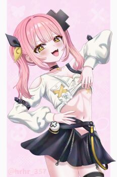 1girl bandaid bandaids_on_nipples black_bow black_skirt blush bow breasts clothes_lift fang highres hrhr_gin_357 lifting_own_clothes looking_at_viewer open_mouth pasties pink_hair shirt shirt_lift skin_fang skirt small_breasts solo virtual_youtuber vshojo white_shirt yellow_bow yellow_eyes yutori_peke