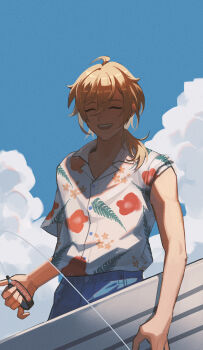 1boy 8083_blue blue_sky brown_hair cloud collared_shirt commentary_request ensemble_stars! hakaze_kaoru happy hawaiian_shirt highres holding male_focus outdoors pants shirt short_sleeves sky solo summer