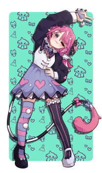 1girl ;3 absurdres arm_up black_hair black_ribbon blush border bow camila_(vtuber) cimp_(camila_(vtuber)) closed_mouth colored_eyelashes drop_shadow footwear_bow full_body hair_ribbon hand_on_own_hip hat heart heart_print high_heels highres holding holding_unworn_clothes holding_unworn_hat indie_virtual_youtuber long_hair long_sleeves miaoema mismatched_eyelashes mismatched_shoes mismatched_thighhighs multicolored_hair one_eye_closed pink_hair pom_pom_(clothes) purple_skirt ribbon skirt smile solo standing streaked_hair tail tail_bow tail_ornament unworn_hat unworn_headwear v virtual_youtuber white_border white_hair