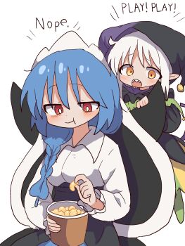 2girls blue_hair blush crown deltarune eating food genderswap genderswap_(mtf) hat highres humanization jester jester_cap jester_costume jevil king_(deltarune) magg_(user_mtca8588) multiple_girls open_mouth sharp_teeth teeth utdr_(toby_fox) white_hair
