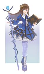Rule 34 | 1girl, :d, blue dress, blue eyes, blue footwear, blue pantyhose, book, boots, brown hair, collared dress, cross print, dress, frilled dress, frills, full body, highres, holding, holding book, holding staff, kogiko (shironowa01), kurosu aroma, long hair, long sleeves, looking at viewer, open book, open mouth, pantyhose, pretty series, pripara, puffy sleeves, smile, solo, staff, standing, third-party source
