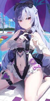 Rule 34 | 1girl, absurdres, animal print, bare shoulders, bow, bowtie, butterfly print, clothing cutout, drill hair, feet out of frame, frilled one-piece swimsuit, frilled wrist cuffs, frills, hair between eyes, heart, heart hands, highres, long hair, looking at viewer, mole, mole under eye, navel, one-piece swimsuit, pointy ears, pool, purple bow, purple bowtie, purple hair, purple nails, red eyes, sideboob cutout, sitting, solo, stomach cutout, swimsuit, thigh strap, two-tone one-piece swimsuit, vader (user wahr2572), vivian banshee, vivian banshee (iris of the shore), wariza, white one-piece swimsuit, wrist cuffs, zenless zone zero