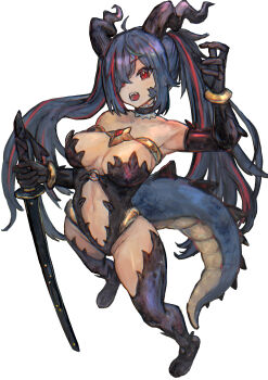 1girl absurdres ahoge armpits bare_shoulders blue_hair breasts commentary_request fangs full_body highres holding holding_sword holding_weapon horns jewelry katana long_hair looking_at_viewer multicolored_hair open_mouth original red_eyes sabamiso_taro simple_background solo sword tail twintails weapon