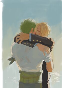 2boys absurdres black_jacket black_pants blonde_hair blue_shirt closed_eyes commentary curly_eyebrows happy highres hug jacket jennyandloiryan long_sleeves male_focus multiple_boys one_piece open_mouth pants roronoa_zoro sanji_(one_piece) shirt short_hair short_sleeves upper_body white_shirt yaoi