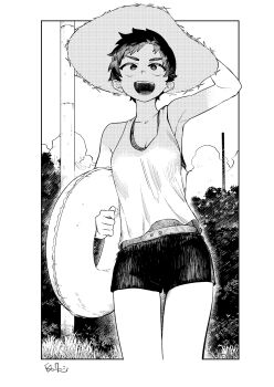 1girl :d absurdres belt breasts cleavage cloud crosshatching ez_tanishi grass greyscale halftone hand_on_headwear hat hatching_(texture) highres holding holding_swim_ring innertube monochrome open_mouth original outdoors outside_border short_hair short_shorts shorts smile solo sports_bra straw_hat swim_ring tank_top thigh_gap tomboy utility_pole