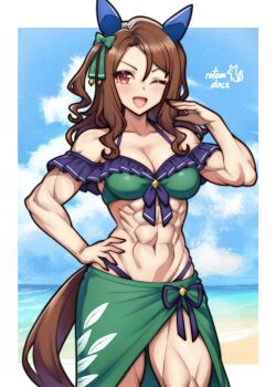 1girl abs absurdres animal_ears beach bikini blue_sky blush bow breasts brown_hair cleavage cloud commission ear_covers ear_ribbon green_bikini green_bow green_sarong highres horse_ears horse_girl horse_tail king_halo_(umamusume) ko-fi_commission large_breasts long_hair looking_at_viewer muscular muscular_female navel ocean one_eye_closed open_mouth outdoors red_eyes rotomdocs sarong sky smile solo stomach swimsuit tail umamusume water