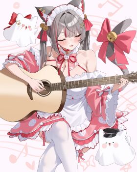 1girl absurdres animal_ear_fluff animal_ears apron bell blush bow bowtie breasts cat_ears cat_girl cat_tail choker cleavage creature crossed_legs ddog detached_sleeves dress feet_out_of_frame food_print fruit_print guitar hair_bell hair_intakes hair_ornament hair_ribbon hairclip hashtag-only_commentary highres instrument large_breasts long_hair long_sleeves maid_headdress maro_(neneko_mashiro) monochrome multicolored_hair music musical_note_background neck_ribbon neneko_mashiro one_eye_closed open_mouth parted_bangs pink_bow pink_bowtie pink_choker pink_dress pink_ribbon pink_sleeves playing_guitar playing_instrument red_eyes ribbon sitting smile solo stellive strapless strapless_dress strawberry_print streaked_hair tail tail_bell tail_bow tail_ornament thighhighs twintails two-tone_dress virtual_youtuber waist_apron white_apron white_background white_dress white_thighhighs wide_sleeves x_hair_ornament