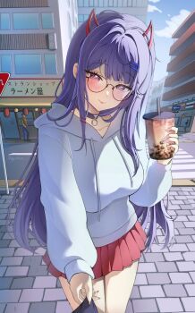 1boy 2girls akuma_nihmune black_choker blush breasts bubble_tea choker closed_mouth cloud commentary cup demon_horns disposable_cup drawstring drinking_glass english_commentary glasses highres holding holding_cup hood hoodie horns ibbychan indie_virtual_youtuber large_breasts long_hair long_sleeves looking_at_viewer multiple_girls outdoors pleated_skirt purple_eyes purple_hair red_skirt road_sign round_eyewear sign skirt sky smile solo solo_focus standing virtual_youtuber white_hoodie