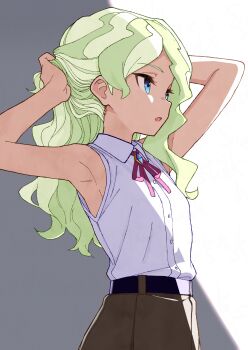 1girl adjusting_hair armpits arms_up belt blue_eyes collared_shirt diana_cavendish green_hair highres hues_sunk little_witch_academia long_hair multicolored_hair neck_ribbon open_mouth ribbon shirt shirt_tucked_in skirt sleeveless sleeveless_shirt solo two-tone_hair wavy_hair white_shirt