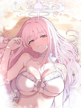 1girl absurdres bare_shoulders beach bikini blue_archive blush breasts choker closed_mouth collarbone frilled_bikini frills hair_down halo highres krdsan large_breasts long_hair looking_at_viewer lying mika_(blue_archive) mika_(swimsuit)_(blue_archive) on_back pink_hair pink_halo sand smile solo swimsuit white_bikini white_choker yellow_eyes