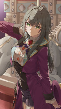 1girl absurdres black_corset carousel center_frills corset cowboy_shot crossed_bangs expressionless frilled_sleeves frills gakuen_idolmaster gem green_eyes green_hair hair_flaps hair_intakes hat highres holding holding_unworn_clothes holding_unworn_hat idolmaster jacket lapels long_hair long_sidelocks long_sleeves looking_at_viewer puchisakigake purple_jacket purple_shorts red_gemstone shorts sidelocks solo tsukimura_temari unworn_hat unworn_headwear