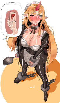 absurdres blonde_hair blush breasts chain female_orgasm gamjasssak heart heart-shaped_pupils highres hoshiguma_yuugi large_breasts latex maid muscular muscular_female oni orgasm pressing_button sex_toy shaking subterranean_animism symbol-shaped_pupils touhou vibrator