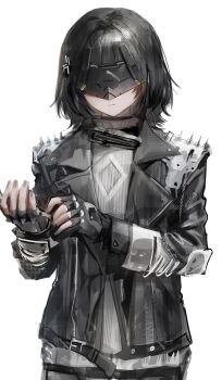 Rule 34 | 1girl, absurdres, adjusting clothes, adjusting gloves, alternate costume, arknights, arknights: endfield, black gloves, black hair, black jacket, black mask, closed mouth, endministrator (arknights), eye mask, facing viewer, female endministrator (arknights), fingerless gloves, gloves, hashtag-only commentary, highres, jacket, long sleeves, mask, medium hair, open clothes, open jacket, simple background, solo, sowb, spiked jacket, sweater, turtleneck, turtleneck sweater, upper body, white background, white sweater