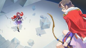 Rule 34 | 2girls, aiguillette, arrow (projectile), belt, black boots, black jacket, boots, bow, bow (weapon), bowtie, brown eyes, brown hair, celia (reverse:1999), chinese commentary, commentary request, cosplay, epaulettes, felicienne (reverse:1999), from above, fur-trimmed jacket, fur trim, glasses, hand on own hip, highres, holding, holding bow (weapon), holding sword, holding weapon, jacket, jacket on shoulders, looking at another, looking down, looking up, miniskirt, multiple girls, planted, planted arrow, pleated skirt, purple bow, purple bowtie, purple eyes, purple hair, purple jacket, purple skirt, red jacket, red sash, reverse:1999, rokilly, round eyewear, rubble, sash, short hair, shoujo kageki revue starlight, shoulder sash, skirt, squatting, standing, sword, weapon, yellow belt