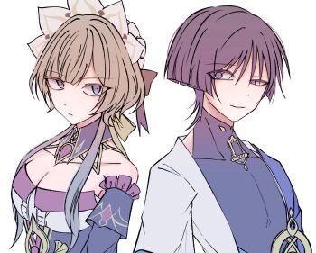 Rule 34 | 1boy, 1girl, arm at side, armpit crease, artist name, black bodysuit, black sleeves, blue cape, blunt bangs, blunt ends, bodysuit, breasts, brown hair, cape, cleavage, closed mouth, collarbone, commentary request, covered collarbone, detached collar, detached sleeves, dress, eyeliner, frilled sleeves, frills, genshin impact, gold, hair over shoulder, haru8 gnsn, highres, japanese clothes, kimono, large breasts, looking at viewer, makeup, mandarin collar, open clothes, open kimono, parted lips, pink hair, portrait, purple eyes, red eyeliner, sandrone (genshin impact), scaramouche (genshin impact), short hair, short hair with long locks, shoulder peek, sidelocks, swept bangs, tsurime, underbust, uneven eyes, wanderer (genshin impact), white background, white dress, white headdress, white kimono, white mouth, white sleeves, wing collar, wispy bangs