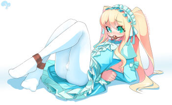 Rule 34 | 1boy, aqua eyes, ball gag, bdsm, blue dress, bondage, bound, bound ankles, bound arms, bulge, crossdressing, crossdressing (mtf), dress, frills, full body, gag, gagged, gothic lolita, hairband, krokobyaka, lolita fashion, lolita hairband, long hair, looking at viewer, male focus, nanbaka, pantyhose, simple background, solo, sugoroku hitoshi, trap, two side up, white background, white pantyhose