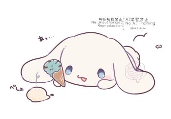 blue_eyes cinnamoroll commentary dog food fuwa_fuwa_cinnamoroll ice_cream ice_cream_cone lying mkt_(buizu-miki) no_humans open_mouth sanrio simple_background smile twitter_username untranslatable_commentary white_background