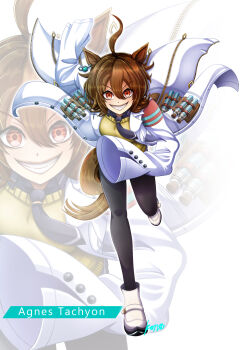 1girl absurdres agnes_tachyon_(tach-nology)_(umamusume) agnes_tachyon_(umamusume) ahoge animal_ears black_necktie black_pantyhose blush boots breasts brown_hair character_name chemical_structure coat commentary_request cork earrings full_body grin hair_between_eyes highres horse_ears horse_girl horse_tail jewelry konsu_(konsu1182da) lab_coat long_sleeves looking_at_viewer medium_breasts medium_hair necktie open_mouth pantyhose red_eyes shirt short_necktie simple_background single_earring sleeves_past_fingers sleeves_past_wrists smile sweater sweater_vest tail teeth test_tube umamusume white_background white_boots white_coat wolf_cut yellow_sweater yellow_sweater_vest zoom_layer