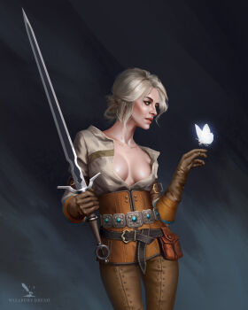 1girl absurdres brown_gloves brown_pants bug butterfly ciri english_text gloves glowing_butterfly green_eyes highres holding holding_sword holding_weapon insect pants ravindu_marasinghe shirt solo sword the_witcher_(series) the_witcher_3 weapon white_hair white_shirt