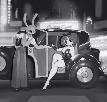 bare_legs breasts button_eye car cleavage cocktail_dress dress glitch_productions gloves high_heels highres huge_breasts jax_(the_amazing_digital_circus) megadraws24 monochrome motor_vehicle ragatha_(the_amazing_digital_circus) ribbon short_dress the_amazing_digital_circus