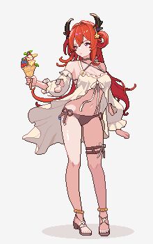 1girl arknights bare_shoulders bikini black_bikini black_horns breasts cleavage criss-cross_halter demon_girl demon_horns detached_sleeves food gamepix hair_ornament hair_rings halterneck highres holding holding_ice_cream_cone horns ice_cream ice_cream_cone long_hair navel official_alternate_costume pixel_art purple_eyes red_hair sandals side-tie_bikini_bottom solo standing star_(symbol) star_hair_ornament stomach surtr_(arknights) surtr_(colorful_wonderland)_(arknights) swimsuit swimsuit_cover-up thigh_strap