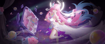 1girl absurdres armlet artist_name bare_shoulders blue_hair breasts crystal cyrene_(honkai:_star_rail) cyrene_(ripples_of_past_reverie)_(honkai:_star_rail) diamond-shaped_pupils diamond_(shape) dress flower gradient_hair hair_flower hair_ornament high_heels highres honkai:_star_rail honkai_(series) incredibly_absurdres jewelry jjjunzhu large_breasts long_hair looking_at_viewer looking_to_the_side multicolored_hair open_mouth pink_hair pink_petals planet purple_eyes purple_flower purple_rose reflection rose shoes smile solo space symbol-shaped_pupils thighs very_long_hair white_dress white_shoes