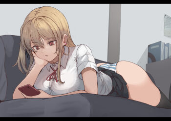 1girl ass binder black_ribbon blonde_hair breast_press breasts cellphone clothes_lift commentary_request couch earrings hair_between_eyes head_rest jewelry kneehighs letterboxed lying medium_breasts note on_couch on_stomach one_side_up original panties phone red_eyes red_ribbon ribbon ryu_insect skirt skirt_lift smartphone socks solo striped_clothes striped_panties underwear