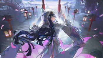1girl alternate_costume black_hair blue_eyes blue_hair blunt_bangs bridge highres holding holding_mask japanese_clothes kimono long_hair looking_at_viewer looking_back mask multicolored_hair official_alternate_costume original outdoors petals punishing:_gray_raven selena:_pianissimo_(pgr) selena:_pianissimo_(threads_of_destiny)_(pgr) selena_(pgr) shiromuku shrine shuiqimu solo two-tone_hair uchikake very_long_hair water