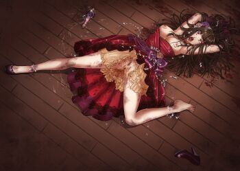 1girl absurdres armpits black_hair blood breasts censored corpse death dress gloves high_heels highres idolmaster idolmaster_cinderella_girls kurokawa_chiaki long_hair nullchan pee pussy very_long_hair