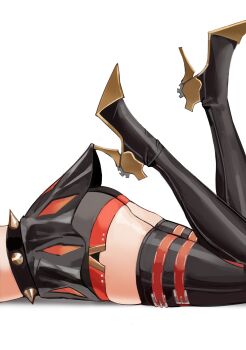 1girl absurdres ass belted_skirt black_shorts black_skirt black_thighhighs burnice_white commentary from_above high_heels highres hooked_on_heel korean_commentary lace_pantyhose_hooked_on_heel_(meme) latex latex_thighhighs legs_up lower_body lying meme on_stomach out_of_frame ppangchil shadow shiny_skin shorts shorts_under_skirt simple_background skirt solo spiked_belt thigh_focus thighhighs white_background zenless_zone_zero