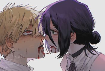 1boy 1girl after_kiss bad8now bare_shoulders black_choker black_ribbon blonde_hair blood blood_from_mouth blush chainsaw_man choker collared_shirt couple denji_(chainsaw_man) green_eyes hair_between_eyes hair_bun hetero highres looking_at_another medium_hair neck_ribbon nosebleed parted_lips purple_hair red_eyes reze_(chainsaw_man) ribbon shirt short_hair sleeveless sleeveless_shirt sweat tears updo upper_body white_background white_shirt