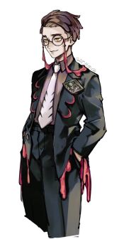 Rule 34 | 1boy, black-framed eyewear, black pants, coat, collared shirt, corbeau (pokemon), cropped legs, dated, glasses, hand in pocket, lapels, long sleeves, male focus, mmm unicorn, necktie, nintendo, open clothes, open coat, pants, parted hair, parted lips, pokemon, pokemon legends: z-a, round eyewear, shirt, simple background, smile, solo, white background, white necktie, wing collar, yellow eyes