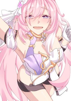 1girl absurdres arm_up black_shorts breasts commentary_request diamond-shaped_pupils diamond_(shape) elysia_(herrscher_of_human:_ego)_(honkai_impact) elysia_(honkai_impact) gloves hair_ornament half_gloves highres honkai_(series) honkai_impact_3rd korean_commentary large_breasts long_hair looking_at_viewer open_mouth pink_hair pointy_ears purple_eyes pyeong_il shorts sidelocks smile solo symbol-shaped_pupils very_long_hair white_gloves