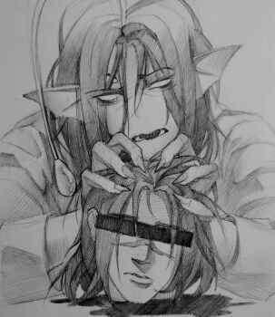 Rule 34 | 2boys, anglerfish boy, blood, br not here, censored, censored identity, commentary, dual persona, english commentary, extra eyes, fingernails, fins, fish boy, head fins, highres, illicium, looking at viewer, male focus, monster boy, multiple boys, pressure (roblox), scar, scar on face, scar on nose, sebastian solace, severed head, sharp fingernails, short hair