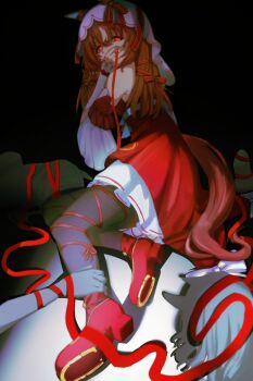 1girl absurdres akared animal_ears breasts brown_hair commentary_request dark_background detached_sleeves glowing glowing_eyes hair_between_eyes hair_ornament highres horse_ears horse_girl looking_at_viewer red_eyes shoes solo still_in_love_(scarlet_vow_raiment)_(umamusume) still_in_love_(umamusume) string string_of_fate thighhighs umamusume veil