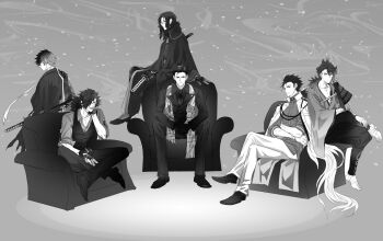 6+boys arm_support armchair armor bandaged_neck bandages chair cigarette clothing_cutout coat coat_on_shoulders collared_cape collared_shirt crossed_arms crossed_legs crossover dragon_print expressionless eyewear_strap facial_hair falling_petals fate/grand_order fate_(series) figure_four_sitting foot_wraps formal_clothes fringe_trim full_body glasses glove_cutout gloves greyscale hair_between_eyes hair_over_one_eye hair_slicked_back head_on_hand head_rest highres hizen_tadahiro holding holding_sword holding_weapon indian_style jacket japanese_armor japanese_clothes katana kimono lapels leaning_back legs_apart long_hair long_sleeves looking_at_viewer low_ponytail male_focus medium_hair mmc_touken monochrome multicolored_hair multiple_boys mutsu-no-kami_yoshiyuki nankaitarou_chouson necktie no_shoes notched_lapels okada_izou_(fate) okada_izou_(i'm_one_dapping_fella)_(fate) on_chair open_collar own_hands_together pants parted_bangs pectoral_cleavage pectorals petals ponytail profile sakamoto_ryouma_(fate) sakamoto_ryouma_(lancer)_(fate) sakamoto_ryouma_(lancer)_(second_ascension)_(fate) serious sheath sheathed shirt shoes short_hair shoulder_armor sideways_glance sitting sleeves_rolled_up smile smoke smoking sode stole stubble suit swept_bangs sword takechi_zuizan_(fate) torn_clothes touken_ranbu two-tone_hair v-shaped_eyebrows vest wavy_hair weapon wrinkled_skin