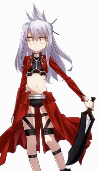 1girl black_shorts breasts fate/kaleid_liner_prisma_illya fate_(series) hair_bun hair_ornament hairpin half_updo highres illyasviel_von_einzbern illyasviel_von_einzbern_(archer_install) kanshou_&amp;_bakuya_(fate) long_hair long_sleeves looking_at_viewer micro_shorts navel red_shrug shorts showgirl_skirt shrug_(clothing) sidelocks small_breasts solo sword thighs weapon white_hair yellow_eyes yubeshi_(zecxl)