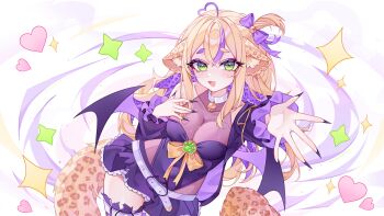 1girl absurdres animal_ear_fluff animal_ears artist_name belt black_leotard black_nails black_skirt blonde_hair blush bow breasts collarbone commission fingernails green_eyes hair_bow heart highres indie_virtual_youtuber leopard_ears leopard_girl leopard_tail leotard long_hair long_sleeves miniskirt multicolored_hair open_mouth paw_in_eye purple_bow purple_hair rinne_(rinne_oi) romany_hunh see-through_cleavage see-through_clothes sharp_fingernails skirt smile streaked_hair tail virtual_youtuber white_belt wings