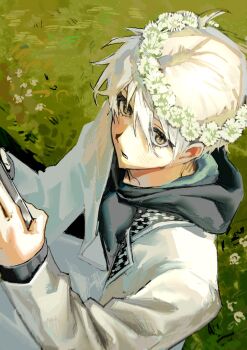 blue_lock brown_eyes cellphone commentary_request flower hair_between_eyes hakuho_high_school_uniform head_wreath highres holding holding_phone hood hoodie jgf1yy5 light_blush looking_at_viewer nagi_seishirou on_grass phone playing_games school_uniform short_hair simple_background smartphone white_flower white_hair