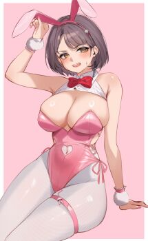 Rule 34 | 1girl, absurdres, animal ears, black hair, blush, bow, bowtie, breasts, charon (duddnd2361), cleavage, clothing cutout, covered navel, earpiece, fake animal ears, goddess of victory: nikke, highres, implied vibrator, large breasts, leotard, looking at viewer, milk (blooming bunny) (nikke), milk (nikke), navel cutout, official alternate costume, open mouth, pantyhose, pink leotard, playboy bunny, rabbit ears, shiny skin, short hair, side-tie leotard, solo, undersized breast cup, vibrator cord, white pantyhose, yellow eyes