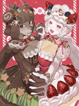 2girls absurdres bell black_eyes blush bow breast_press breasts brown_dress brown_gloves brown_hair cleavage colored_skin commentary dress gloves hair_ornament highres large_breasts long_hair long_sleeves multiple_girls neck_bell original parted_lips red_bow red_eyes sakoku_(oyatsu3ji_) smile snowflake_hair_ornament symbol-only_commentary symmetrical_docking white_gloves white_hair white_skin