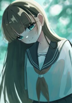 1girl black_sailor_collar blunt_bangs blurry blurry_background brown_hair brown_neckerchief closed_mouth commentary depth_of_field green_eyes highres kuukou_(user_zexk2828) long_hair looking_at_viewer neckerchief original sailor_collar sailor_shirt school_uniform shirt short_sleeves smile solo straight_hair summer_uniform upper_body white_shirt