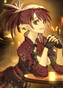 1girl absurdres bar_(place) black_gloves breasts brown_eyes brown_hair elezen elf final_fantasy final_fantasy_xiv fingerless_gloves gloves hide_(hideout) highres indoors leaning_forward leaning_on_table medium_breasts pointy_ears short_hair solo warrior_of_light_(ff14)