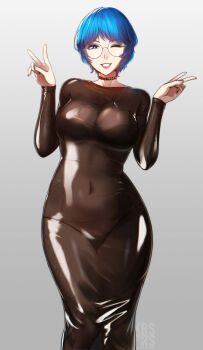 absurdres black_dress blue_hair bra_visible_through_clothes breasts choker cleavage commentary double_v dress english_commentary feet_out_of_frame glasses highres jewelry kairos+ looking_at_viewer lyra_crow medium_breasts navel necklace one_eye_closed parted_lips real_life see-through_clothes see-through_dress shiny_clothes short_hair skin_tight smile v