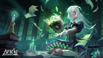 1girl afk_(series) afk_journey black_bow black_bowtie black_dress black_horns black_shoes black_tail blunt_ends book book_stack bookmark bookshelf bow bowtie braid bright_pupils brooch cage candelabra candle candlestand closed_mouth colored_skin commentary copyright_name crinoline crown_braid dress english_commentary expressionless fire floating floating_book floating_hair floating_object flying_paper gloves green_dress green_eyes green_fire grey_hair grey_skin grimoire hands_up highres hime_cut horns indoors isabella_(afk) jewelry kneehighs layered_dress long_hair official_art on_floor open_book outstretched_arms paper pleated_dress puffy_short_sleeves puffy_sleeves shoes short_sleeves sidelocks single_braid sitting skeletal_tail socks solo straight_hair tail wariza white_gloves white_pupils white_socks window