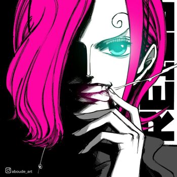 1girl aboude_art artist_name blue_eyes character_name curly_eyebrows finger_to_tongue hair_over_one_eye instagram_logo instagram_username limited_palette lips lipstick looking_at_viewer makeup one_eye_covered one_piece open_mouth pink_hair short_hair signature smile solo spot_color teeth tongue tongue_out vinsmoke_reiju